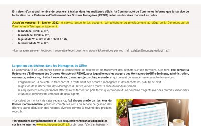 Horaires d’accueil modifiés pour le service de facturation des ordures ménagères de la CCMG
